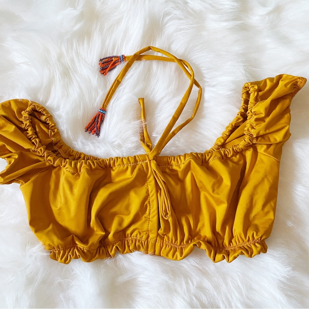Lulo’s Swimwear Cecil Bikini Top Mustard Gold Size Small Cap Sleeve Tie Front